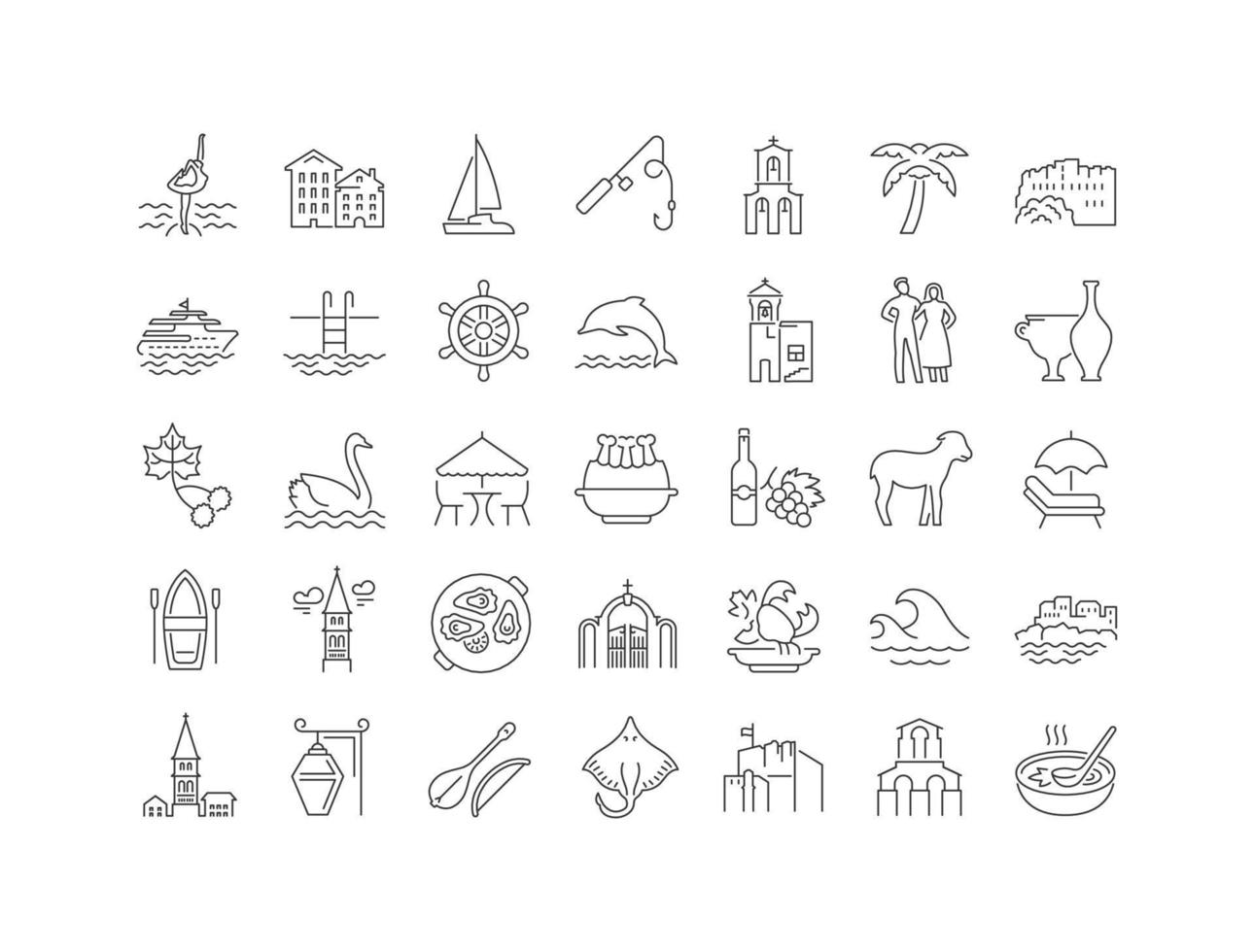 Set of linear icons of Budva vector