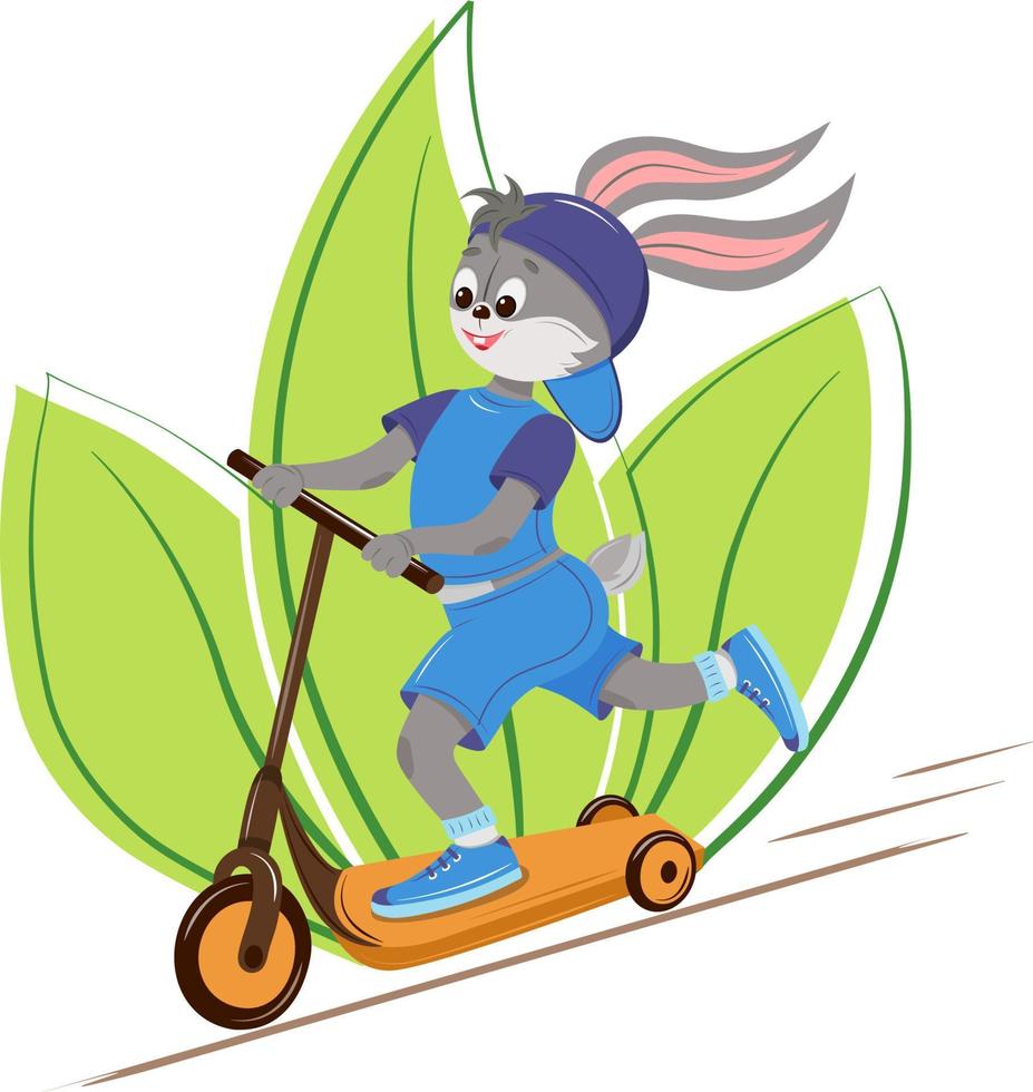 Cute cartoon bunny on a scooter against a background of green leaves. Flat cartoon vector illustration, isolated on white background. T-shirt design for kids, invitation or holiday card template.