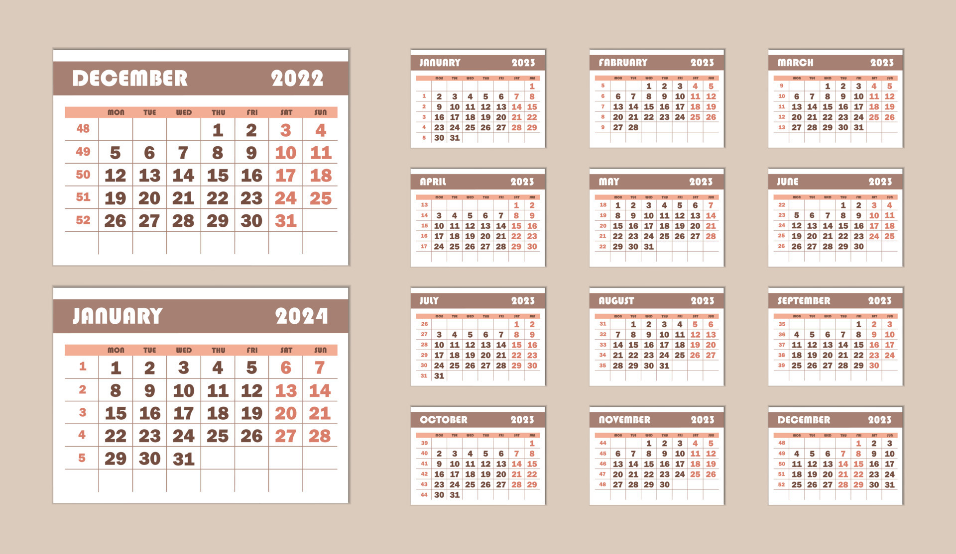 Wall calendar template for the year 2023 work calendar with week