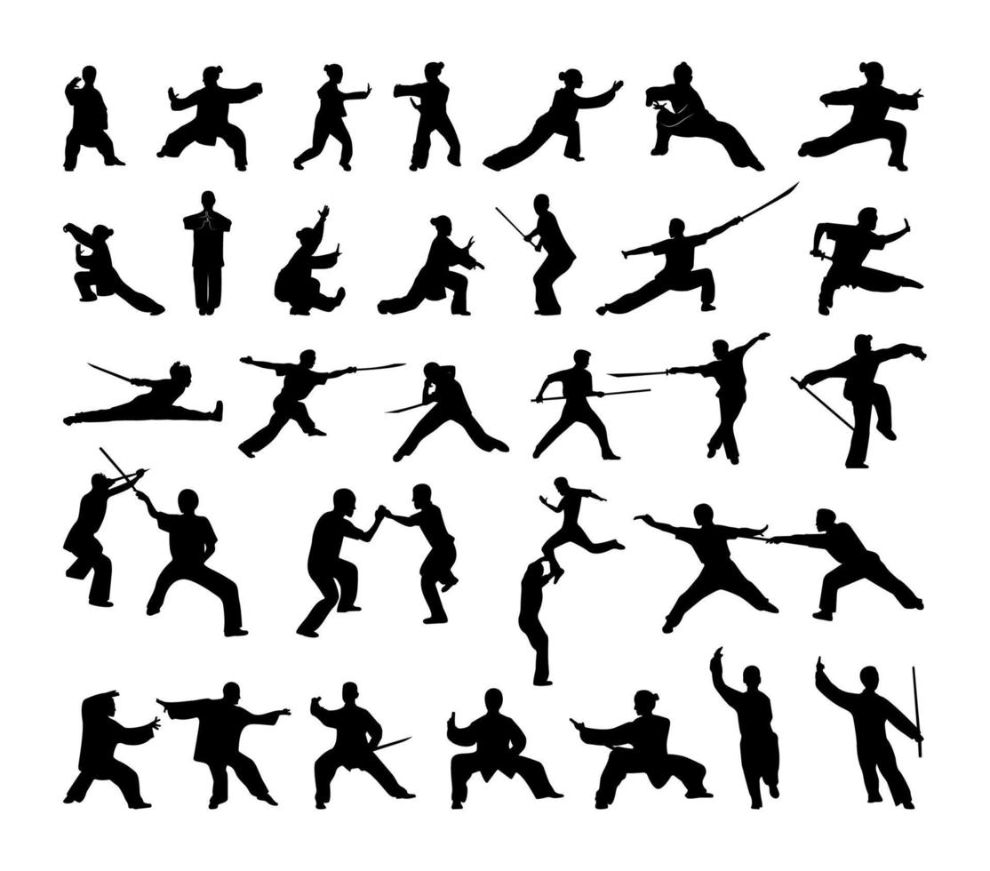 siluetas negras de atletas de wushu vector