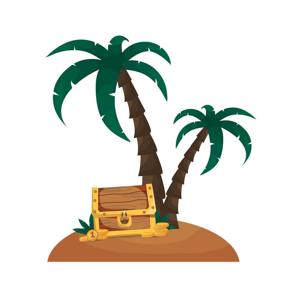 isla del tesoro, que contiene un cofre y una palmera. para camisetas, fondos, libros, volantes, pancartas, decoración. vector