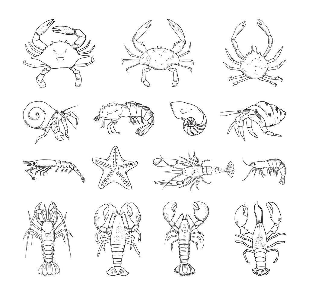 conjunto de crustáceos en estilo de tinta de arte vector