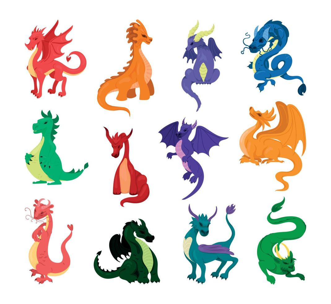 conjunto de dragones de dibujos animados vector