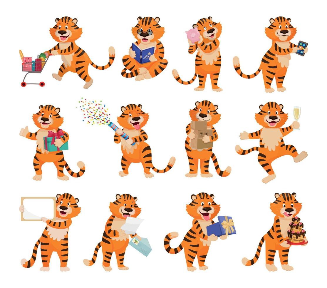 Set of Illustrations with Cartoon Tiger vector