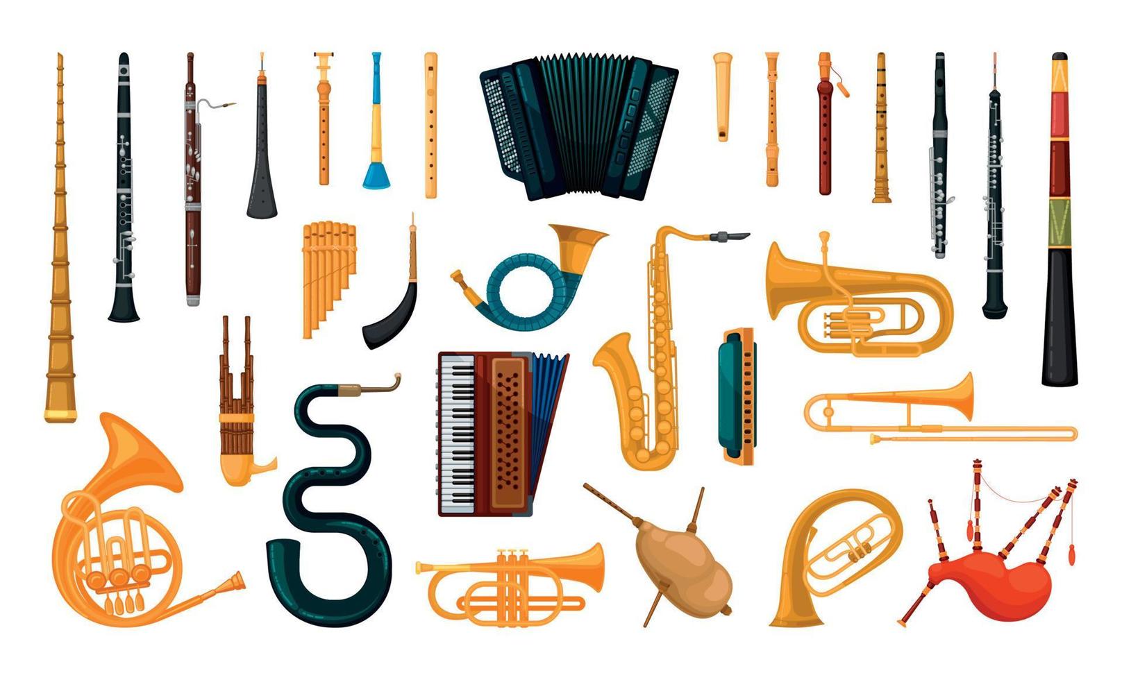 conjunto de instrumentos musicales de viento vector