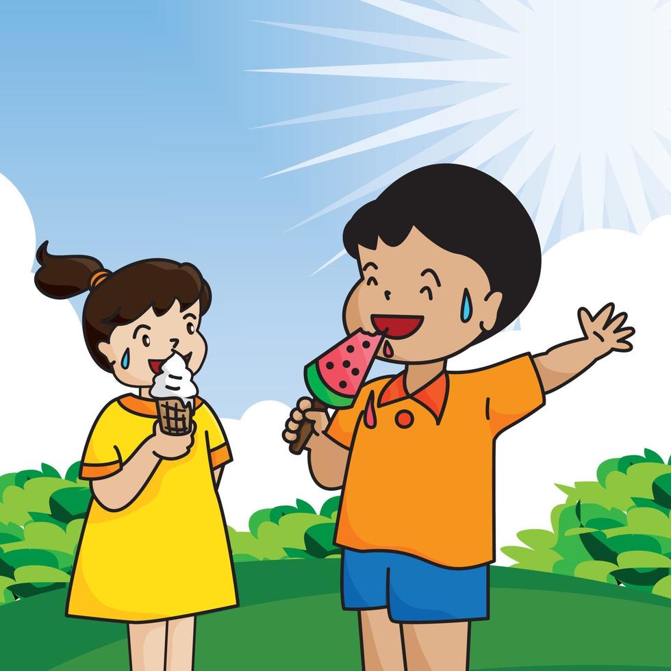 Kids Eating Ice Cream In Summer vector