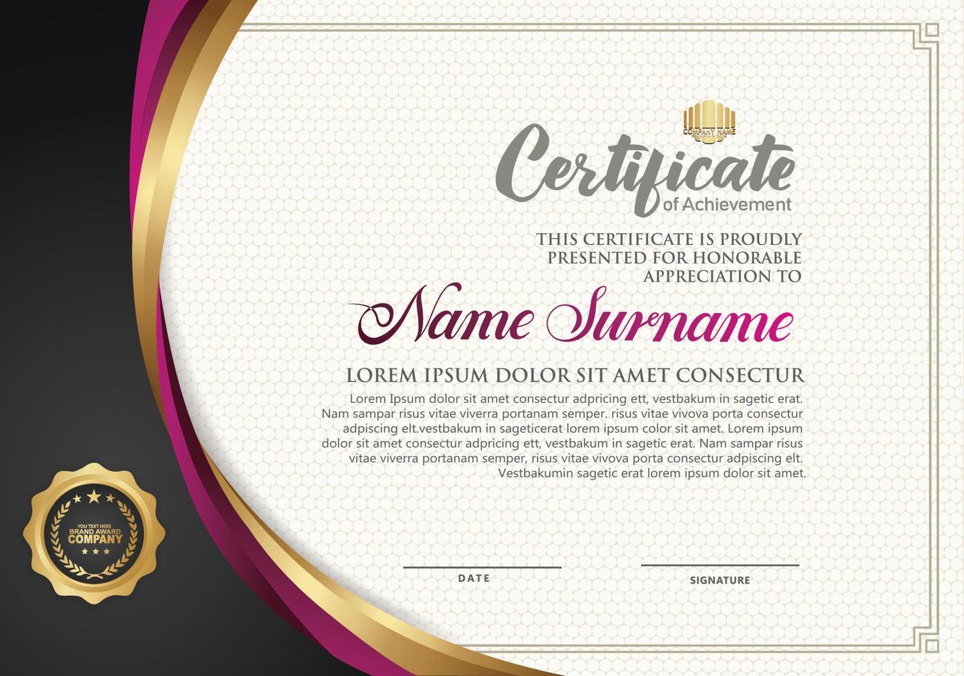 Luxury certificate template with curved line shape ornament modern pattern,diploma. Vector illustration