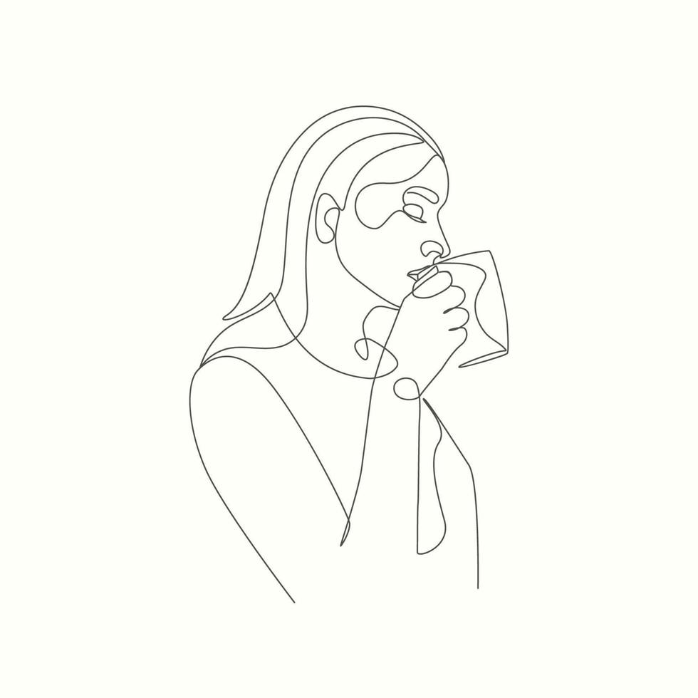 Woman with coffee cup and tea drinking elegant one line art style ...