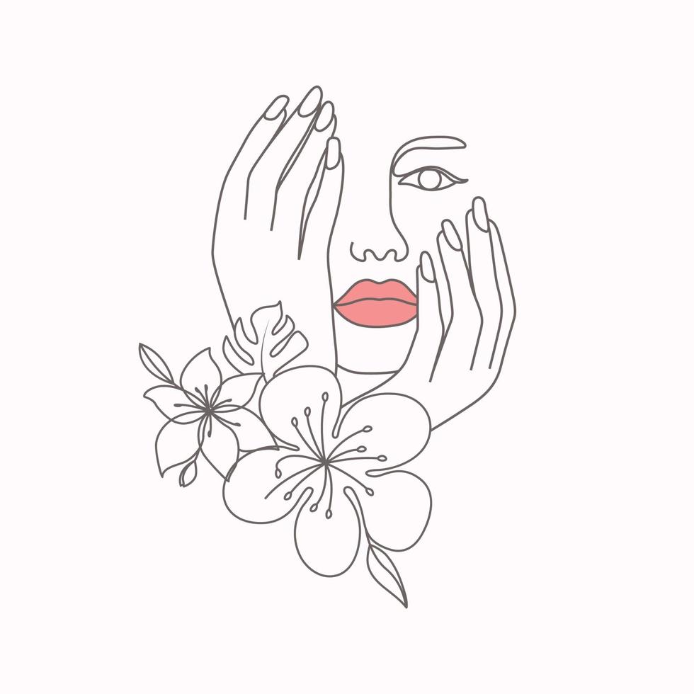 Beauty flower woman abstract female beauty face with flowers line art drawing vector