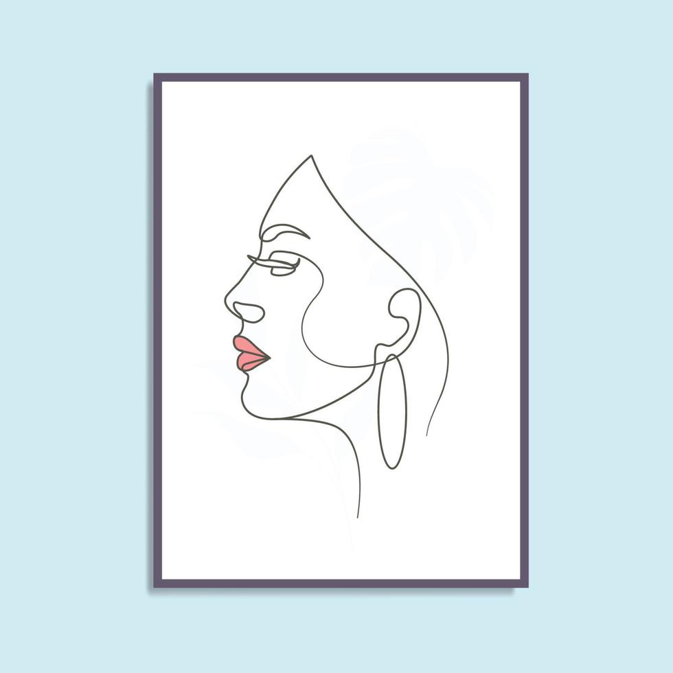 Abstract beauty woman face modern girl elegant one line art style poster wall art canvas vector