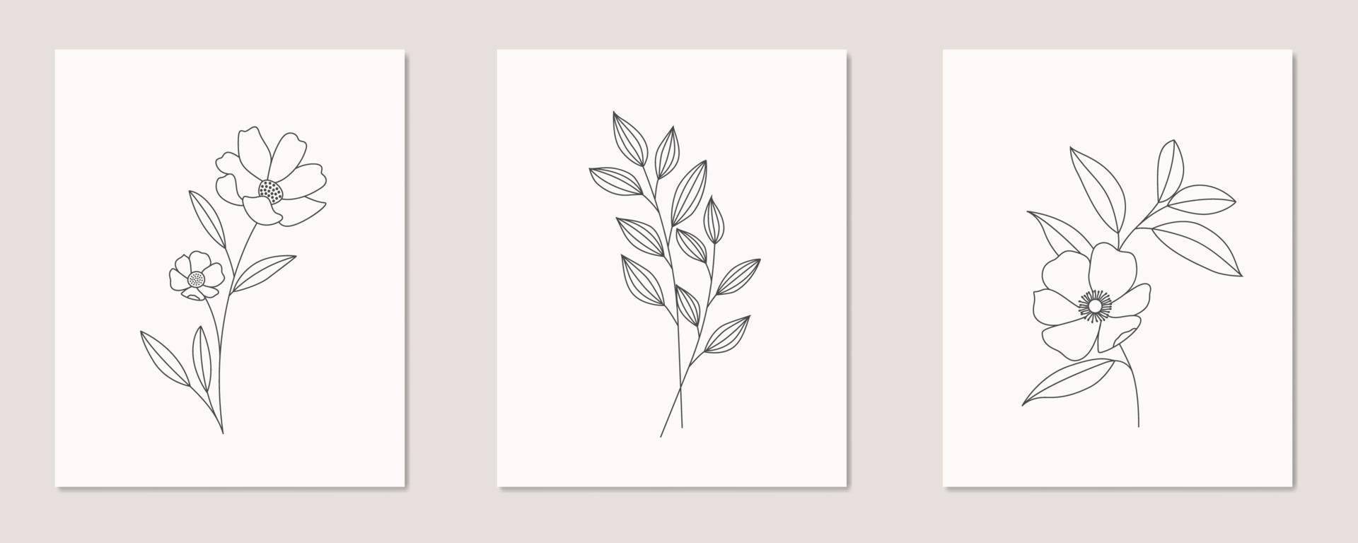 Abstract flowers and leaves line art drawing natural poster wall art canvas vector illustration