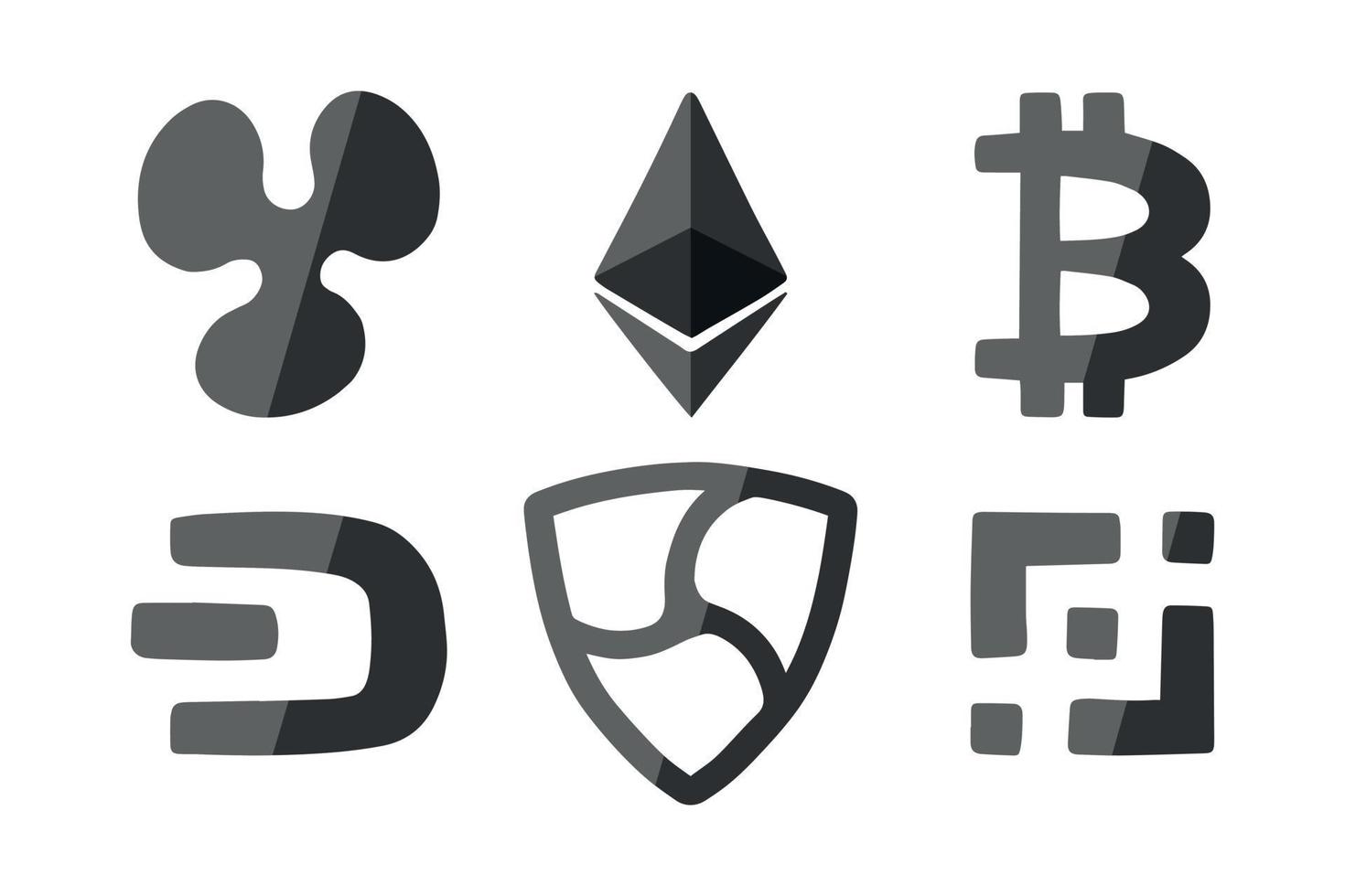 un conjunto de logotipos de criptomonedas: bitcoin, ethereum, ripple, dash, nem, binance coin. vector