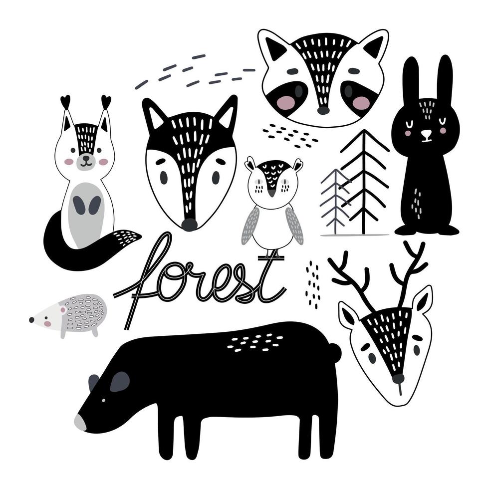 Vector hand-drawn colored children's set with cute forest animals in Scandinavian style on a white background. Scandinavian children's set with animals. Children's print.