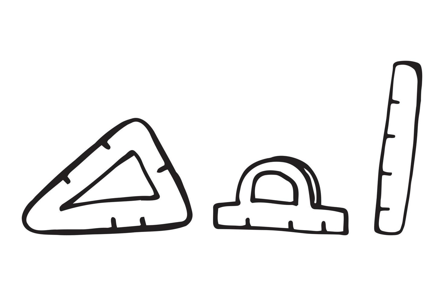 Education math flat tools set. Ruler, triangle ruler and protractor icon. Stationery instruments collection. Vector isolated on white