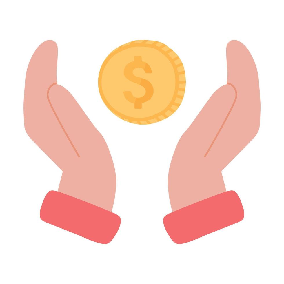 Dollar coin in hands line icon. vector