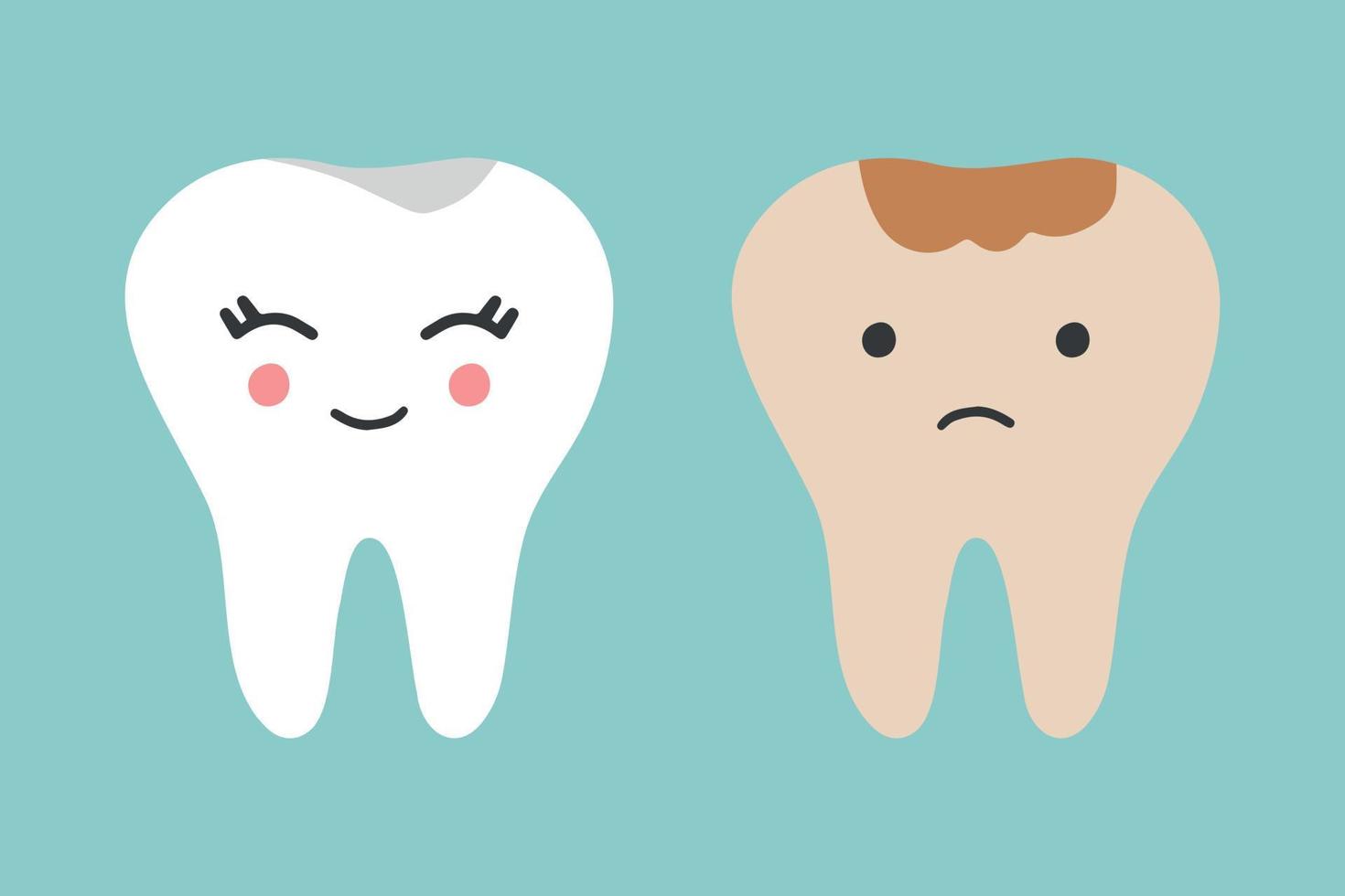 lindo personaje de dibujos animados de dientes, comparación de dientes brillantes y sucios. concepto de cuidado dental. caries dental, dolor de muelas, mala dentadura, piedra caliza, encías hinchadas. vector