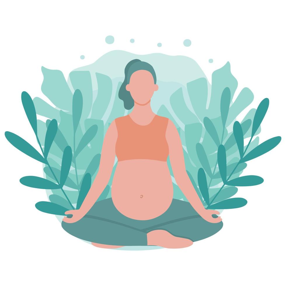 Pregnant woman meditating while sitting in lotus pose. Mom-to-be does yoga. vector