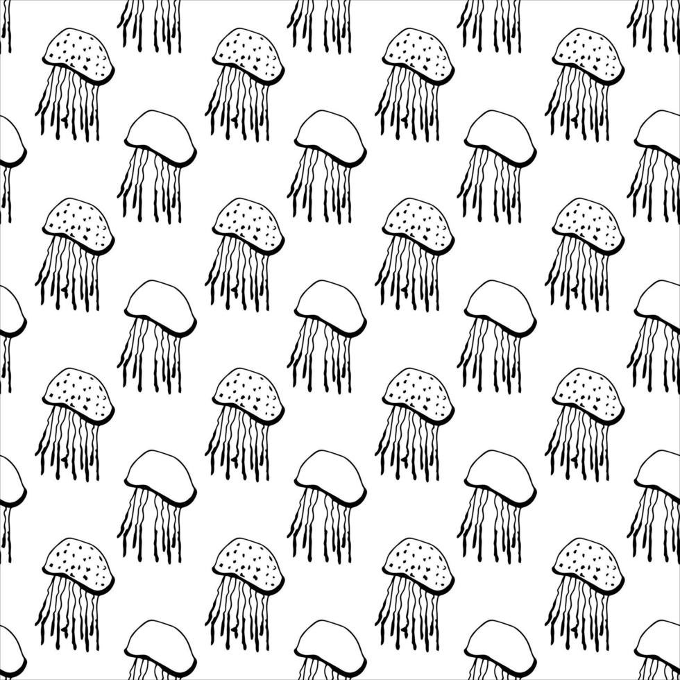 Seamless vector pattern of a sea jellyfish on a white background. Drawn by hand. Doodle illustration. Wrapping paper, wallpaper, fabric printing, restaurant menus.