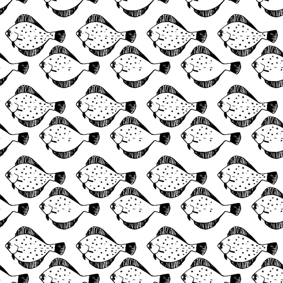 Seamless vector pattern of flounder fish on a white background. A hand drawn doodle. Sea fish and fishing. For the design of albums, wrapping paper, printing on fabric, for boys.