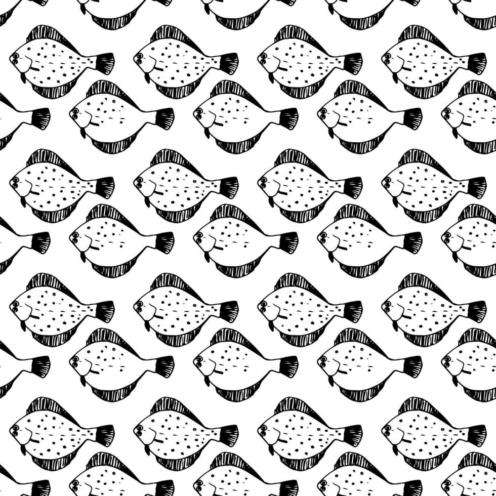 Seamless vector pattern of flounder fish on a white background. A hand drawn doodle. Sea fish and fishing. For the design of albums, wrapping paper, printing on fabric, for boys.