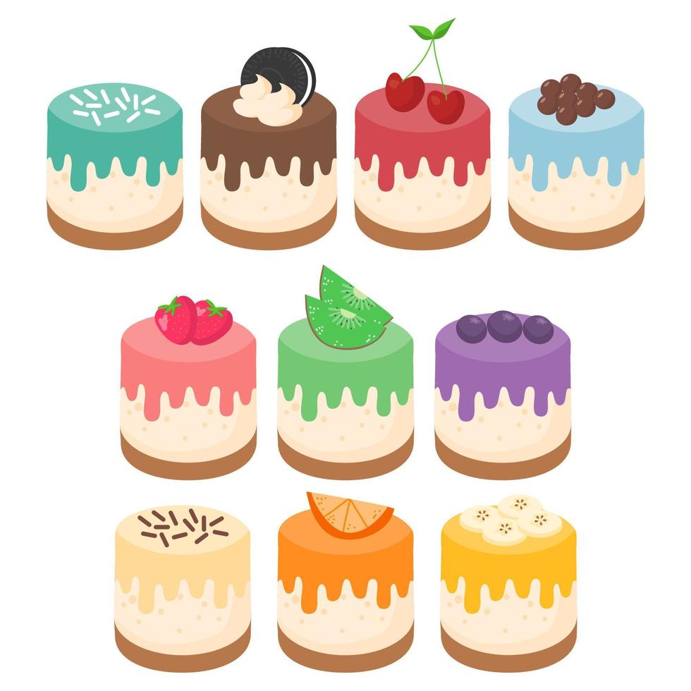 Cheesecake types, with fruits and cream vector