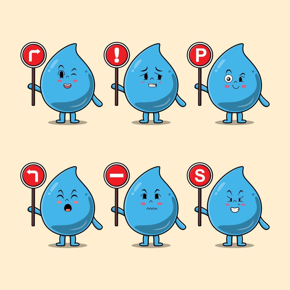 Cute dibujos animados de gota de agua con señal de tráfico vector