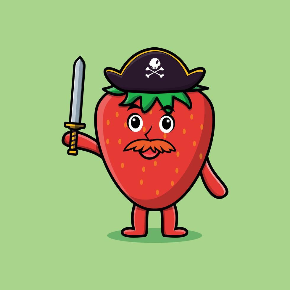 Cute cartoon strawberry pirate holding sword vector