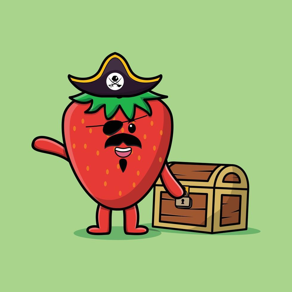 Pirata de fresa de dibujos animados lindo con cofre del tesoro vector