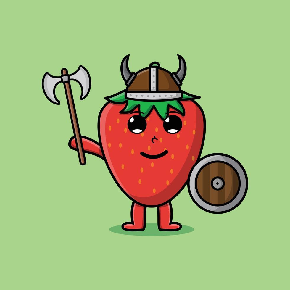 Cute cartoon Strawberry viking pirate holding ax vector