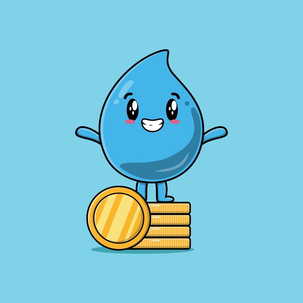 Cute cartoon water drop stand in stacked gold coin vector