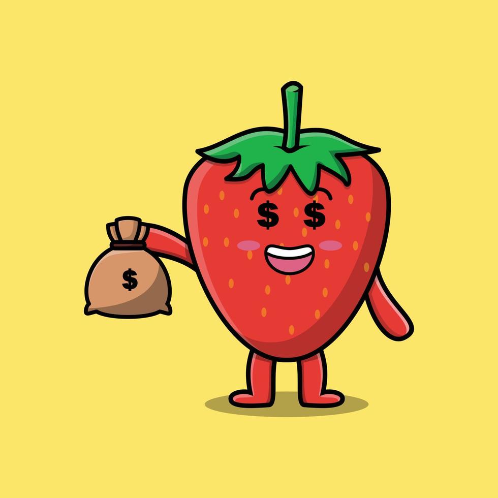 Cute cartoon Crazy rich strawberry with money bag vector