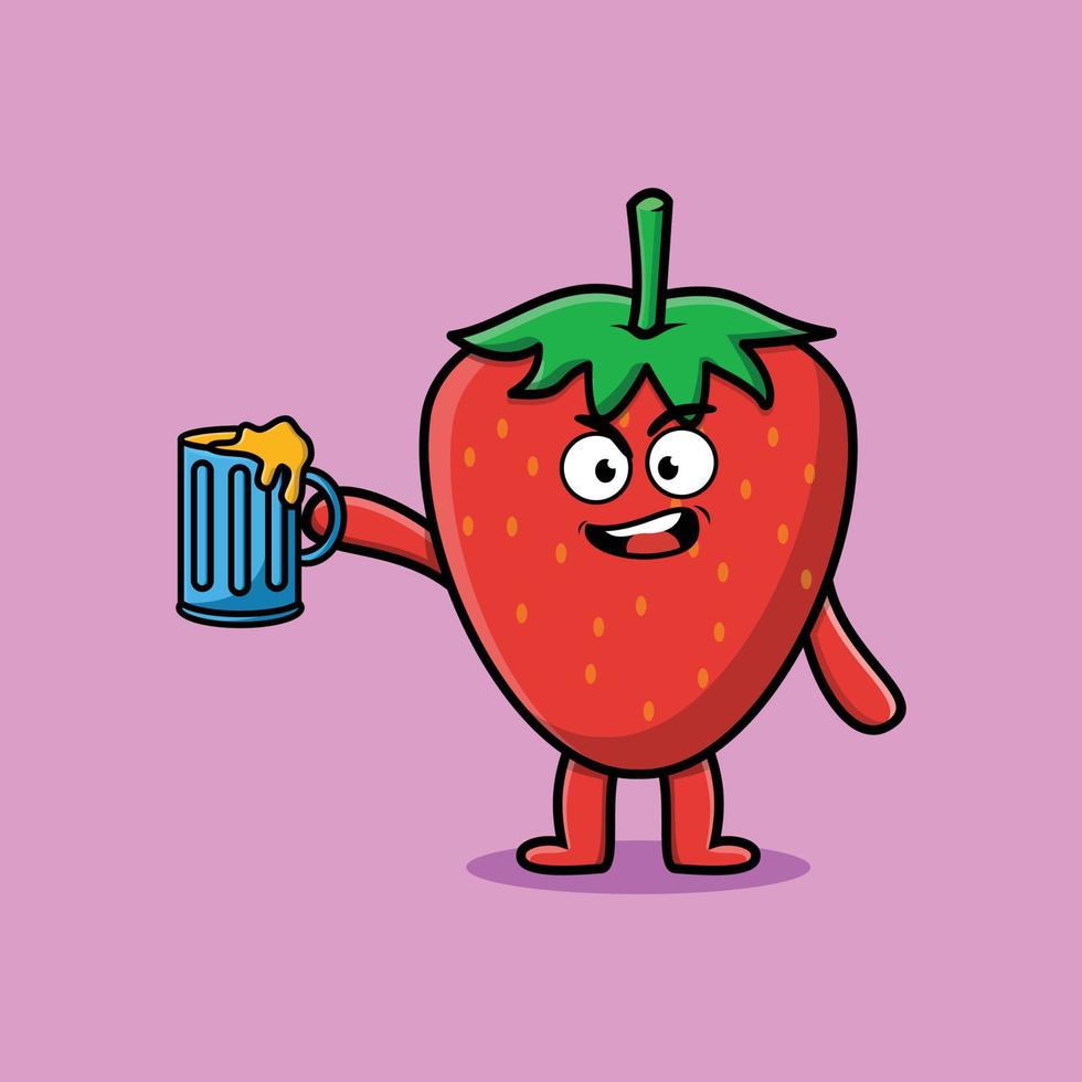 Strawberry cute cartoon mascot with beer glass vector