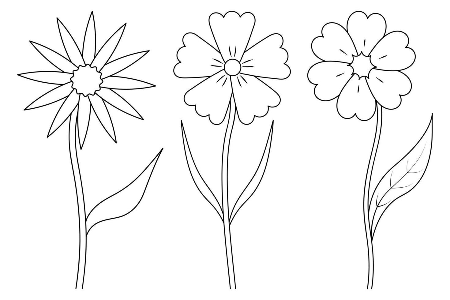 Wildflowers. Sketch. Set of vector illustrations. Blooming buds. A flowering plant with a leaf on a stem. Doodle style. Coloring book for children. Outline on isolated background.