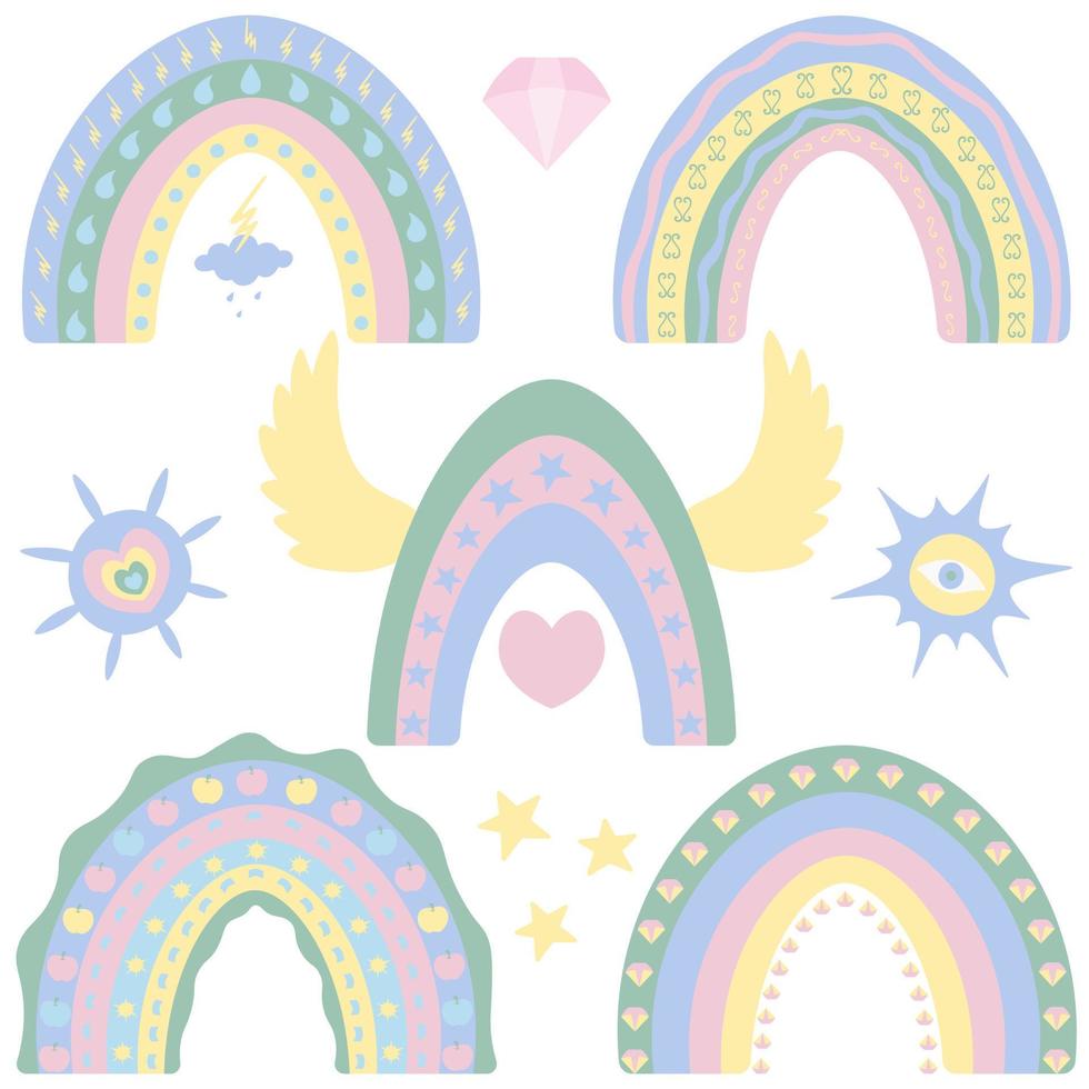 Rainbow. Vector set of illustrations. Isolated white background. Boho style. Colorful collection. A striking natural phenomenon. Ethnic motives. Multicolored stripes with fantasy patterns. Pastel tone