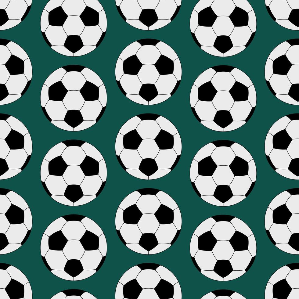 Soccer ball. Seamless vector pattern. Isolated green background. Cartoon style. Repeating sports ornament. Balls background. Sports equipment for the European Championship