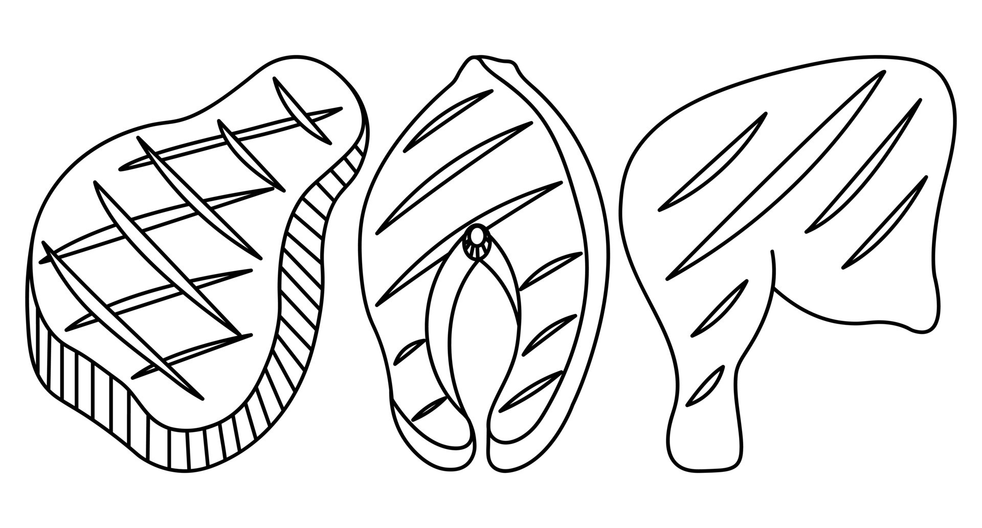 Meat steak, chicken leg, fish steak. Sketch. Set of vector