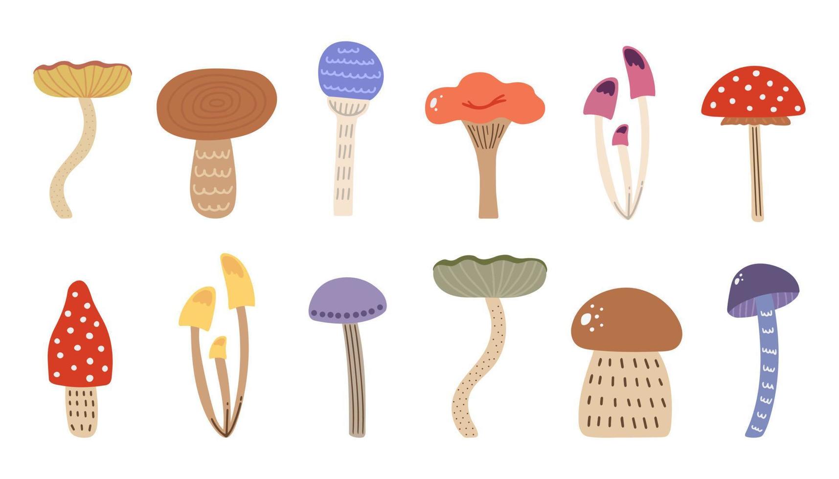 Hand drawn big vector set of various types of mushrooms, leaves and natural elements. White mushroom, chanterelles, honey agarics, fungus, fly agarics, morels. Cartoon style. Vector illustration