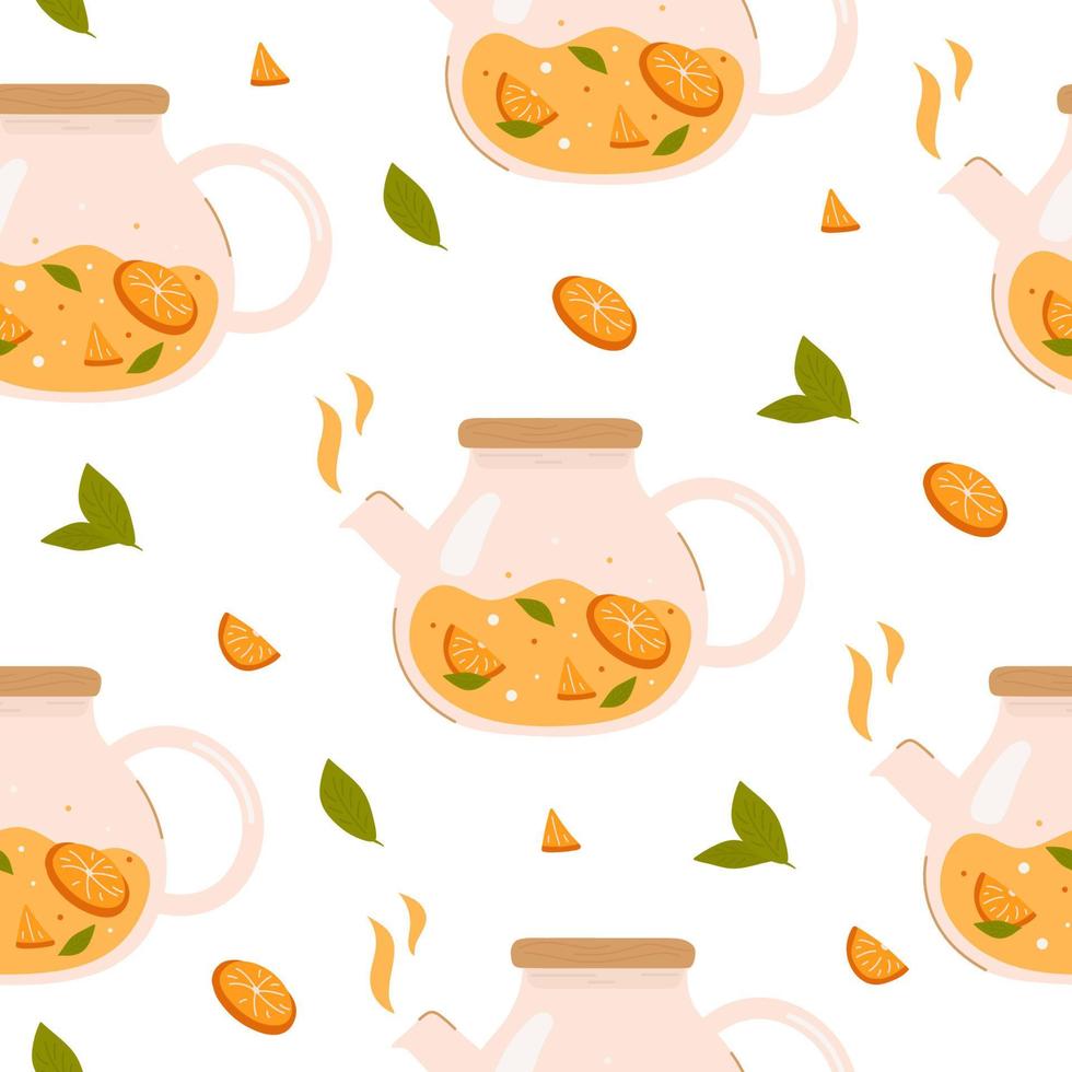 Glass teapot with fruit on white background. Tea shop, cafe-bar menu, tea party, beverages concept. Vector illustration. Poster, banner, card, cover, menu, postcard. Design of a pattern for packaging