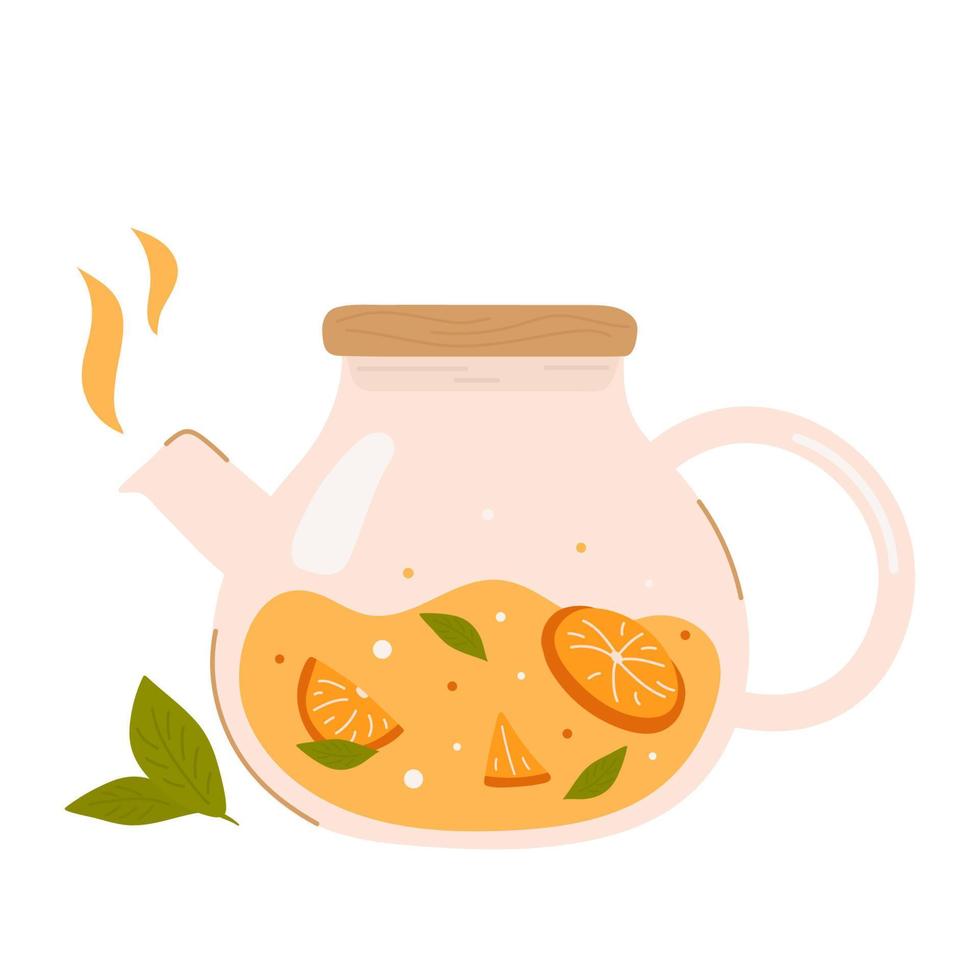 Glass teapot with fruit on white background. Tea shop, cafe-bar menu, tea party, beverages concept. Vector illustration. Poster, banner, card, cover, menu, postcard