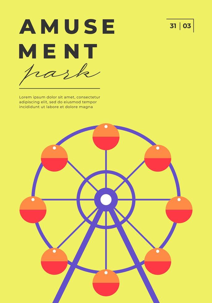 Amusement park festive minimal trendy vertical poster with ferris wheel. Carnival funfair minimalistic creative design banner with carousel. Fun fair festival simple flat vector eps placard