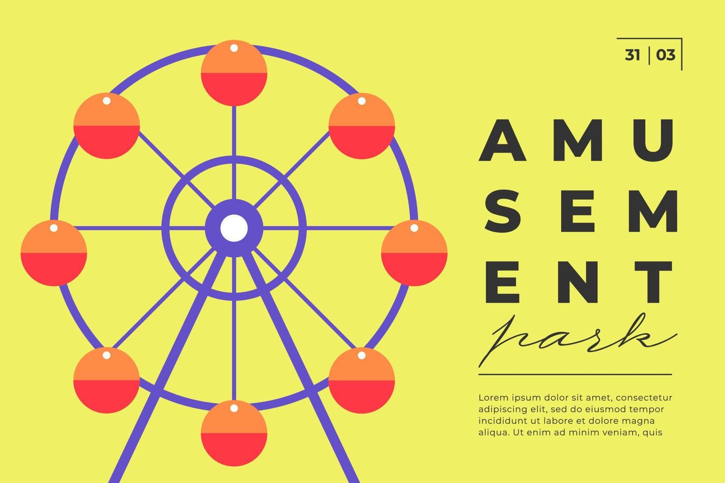 Amusement park festive minimal trendy horizontal poster with ferris wheel. Carnival funfair minimalistic creative design banner with carousel. Fun fair festival simple flat vector eps placard