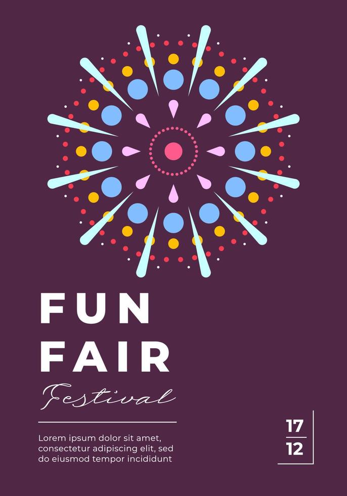 Amusement park festive minimal trendy vertical poster with fireworks explosion on dark sky. Carnival funfair minimalistic creative flyer with firework. Holiday fun fair festival flat eps card vector