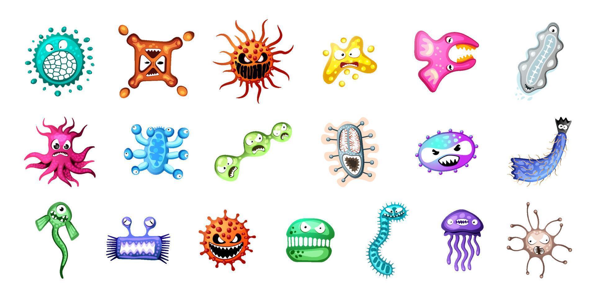 Microorganism virus vector cartoon bacteria germ character set. Bacterium illness infection collection microbiology illustration. Microbe pathogen monster organism colorful vector eps illustration