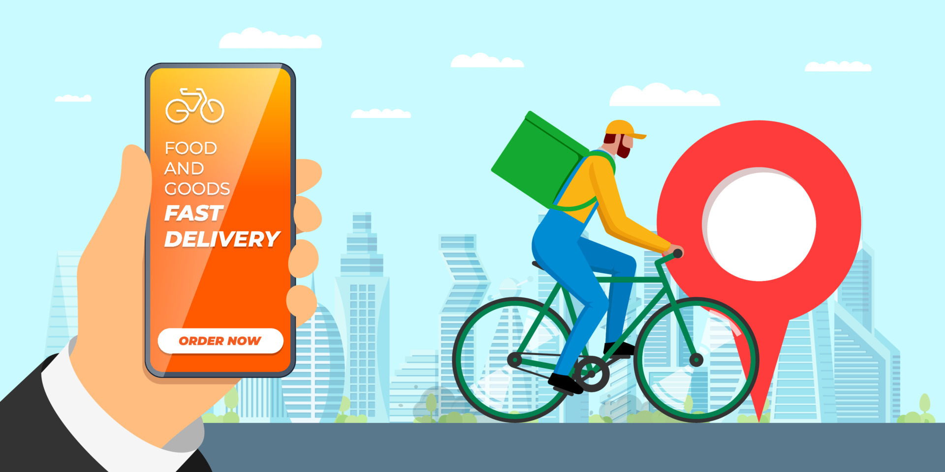 Bicycle delivery ordering service app banner concept. Hand holding smartphone with geotag location pin on city map and fast carrying courier on bike with backpack