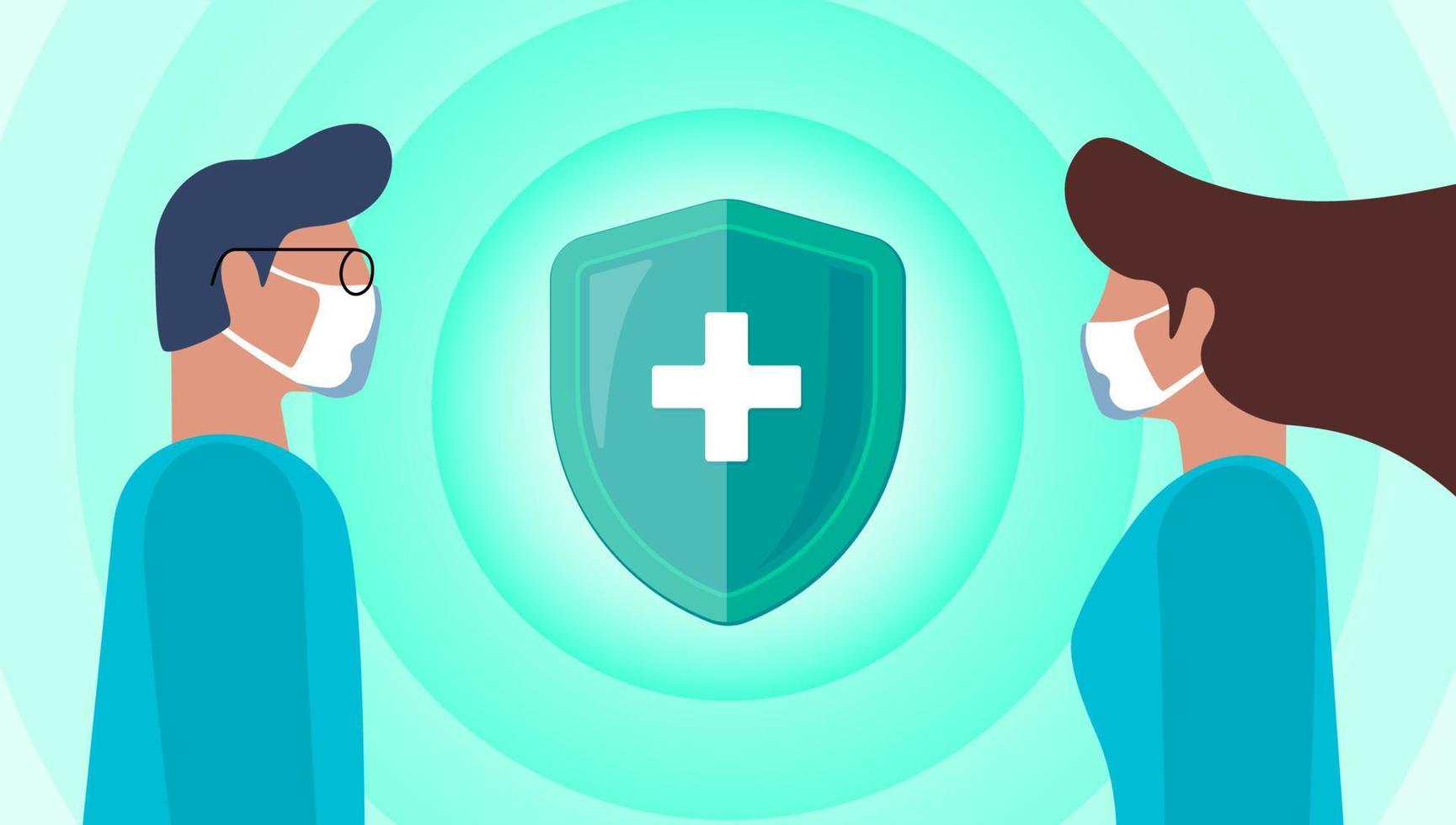 Health care protection banner. Male doctor and female nurse stand stand near shield with medical cross. Healthcare protect and prevention human diseases. Medicine service or life insurance EPS concept vector