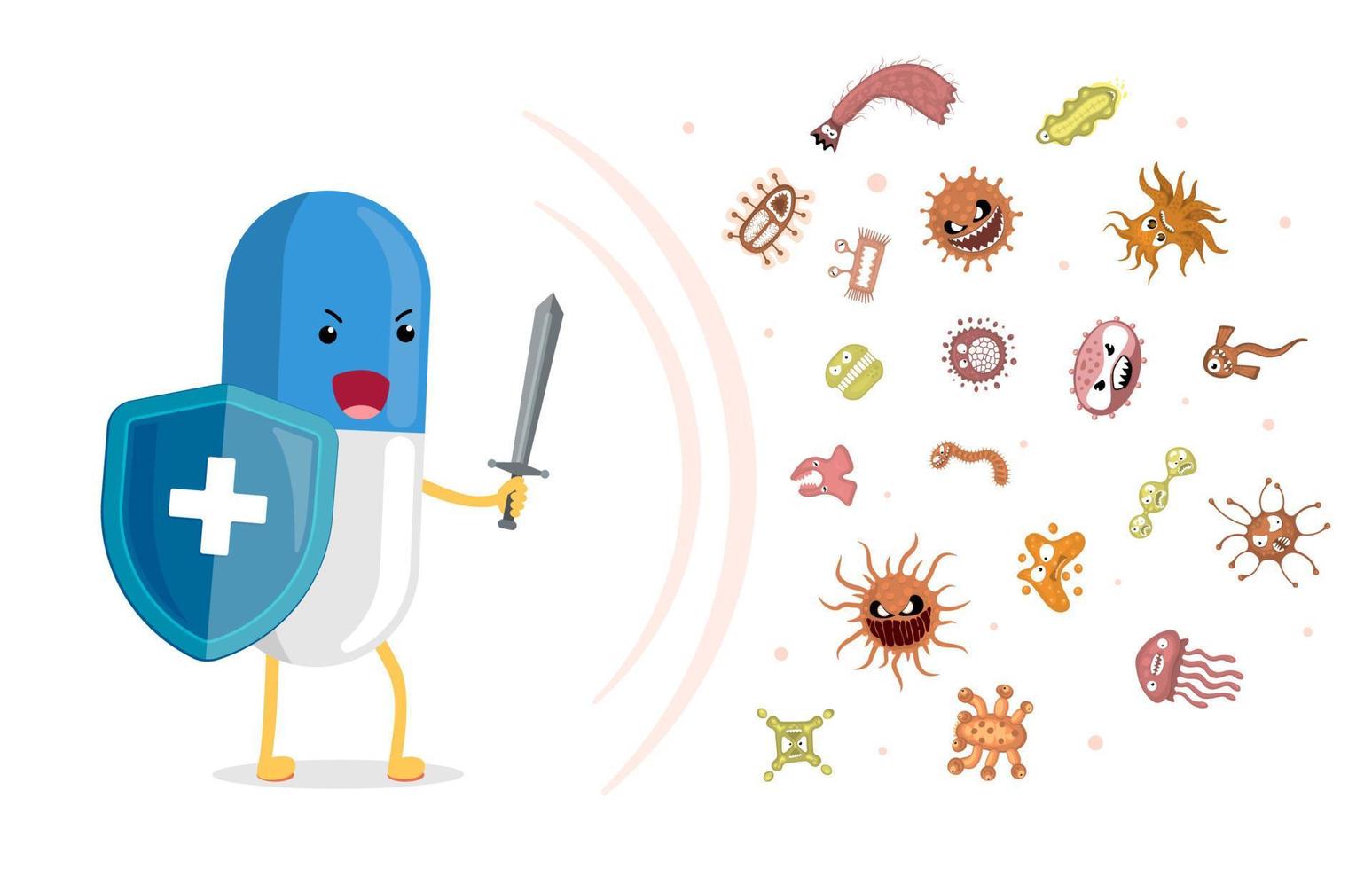 la píldora farmacéutica protege la salud y combate los virus y gérmenes contagiosos. medicina fuerte de carácter con escudo médico y espada que protege de bacterias patógenas. vector de atención médica de medicamentos antibióticos