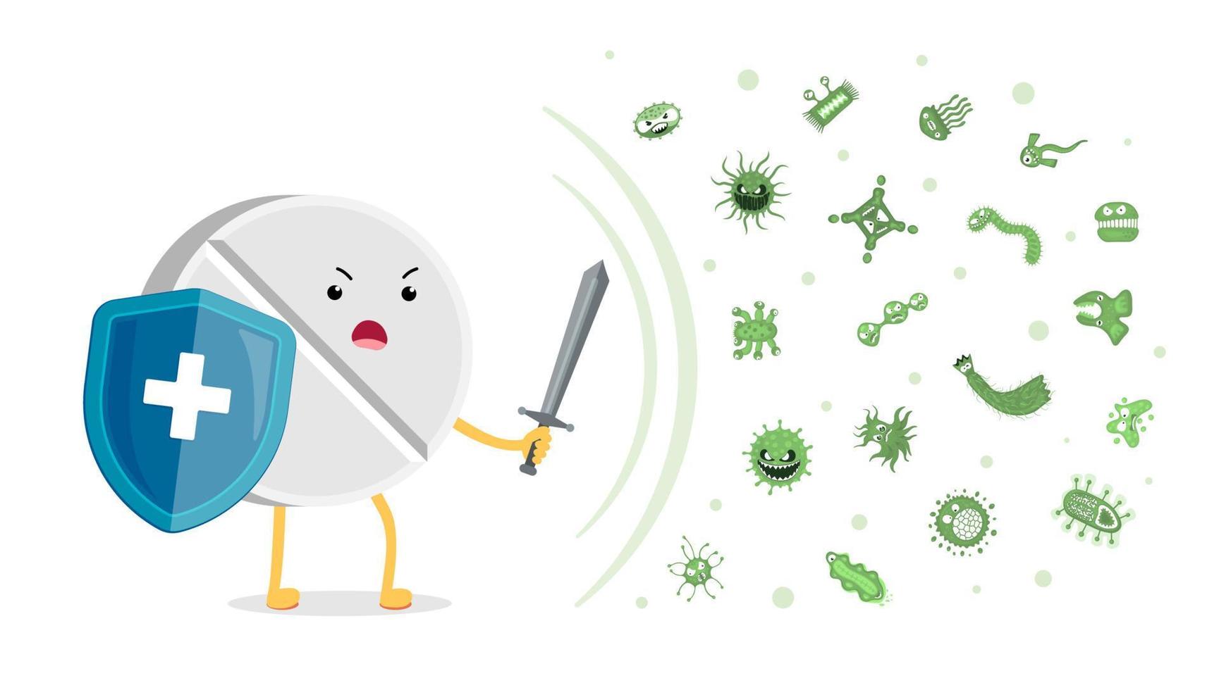 Pharmaceutical tablet protects health and fights contagious viruses and germs. Character strong medicine with medical shield and sword protect from pathogenic bacteria. Antibiotic drug healthcare. Eps vector