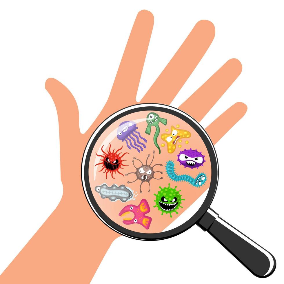 Germs and bacteria characters on human hand through magnifying glass. Infectious viruses and microbes with angry faces under loupe. Lens magnified pathogens. Hygiene concept vector eps illustration