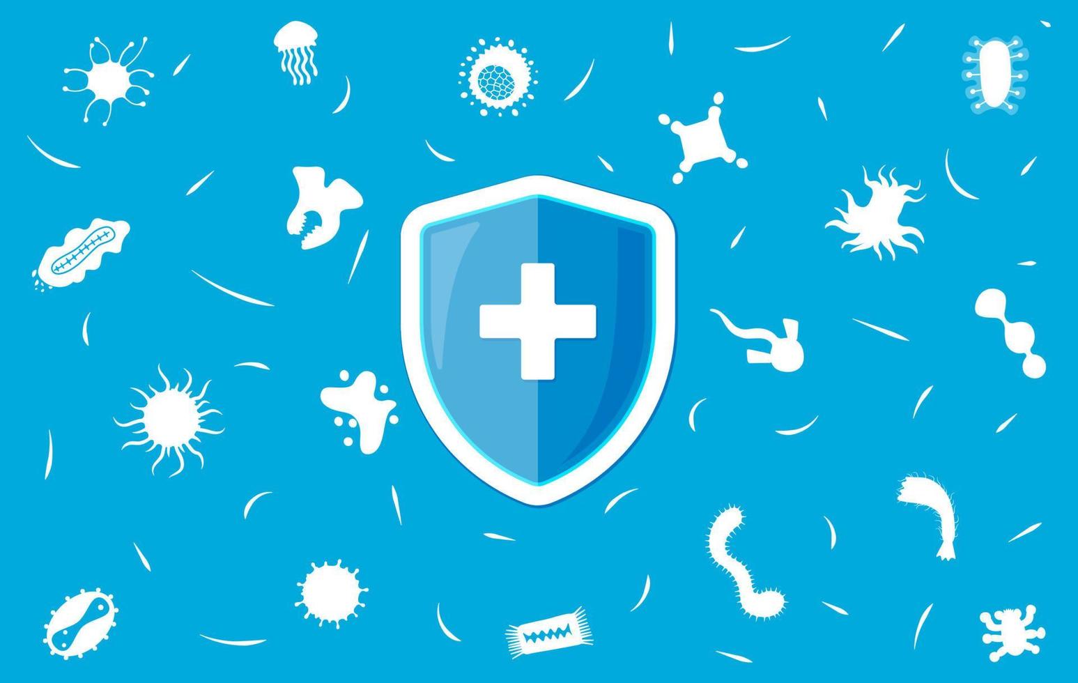 Hygienic shield with white cross protecting from virus. Germs and bacteria protection banner. Healthy immunity and hygiene concept vector eps illustration