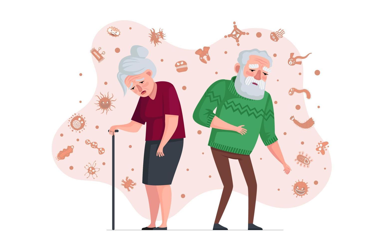 Elderly people weak immune system concept. Unhealthy old man and ill senior woman surrounded by viruses and germs. Pensioners risk get sick during pandemic infection. Age person without immunity. Eps vector